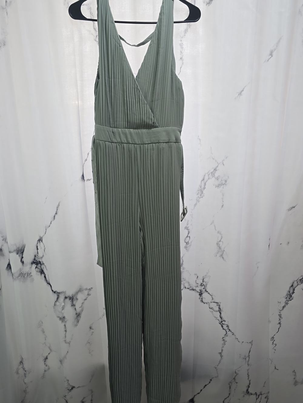 Pleated V-Neck Jumpsuit in Sage Green